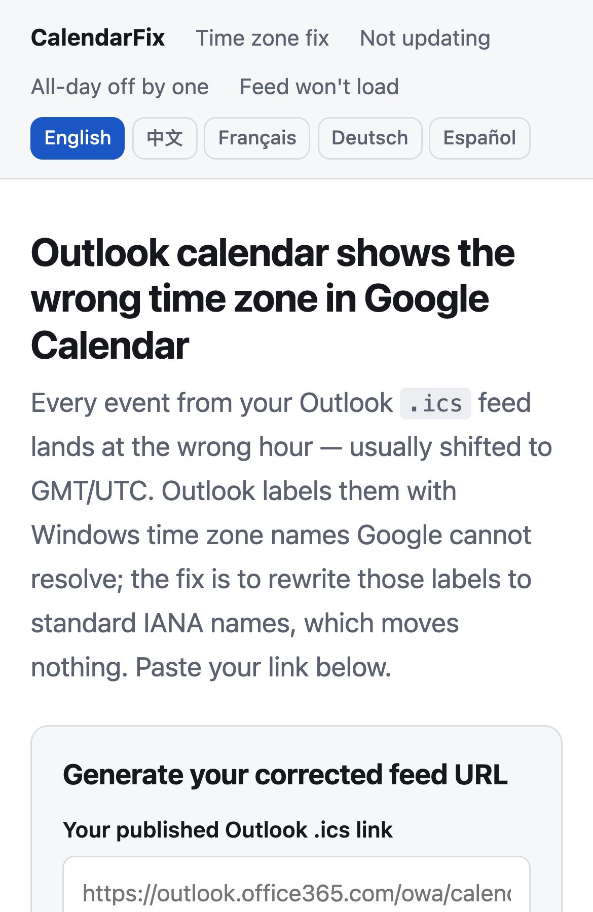 The time zone fix page on a phone: the explanation of why Outlook calendars show the wrong time in Google Calendar.