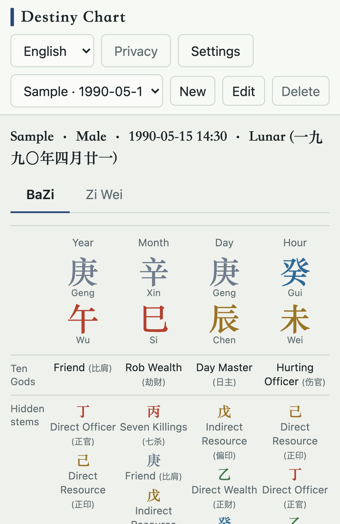 Destiny Chart on a phone: a sample BaZi chart with four colour-coded pillars of Chinese characters.