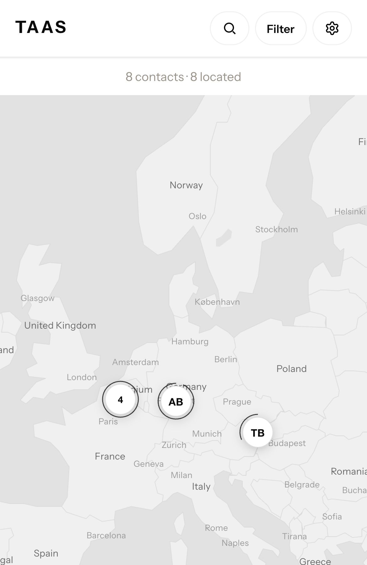 TAAS on a phone: a map of Europe with round markers for a few sample contacts around Amsterdam, Frankfurt and Vienna.